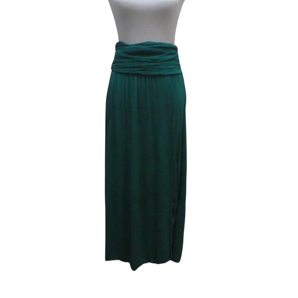 Happily Grey Maxi Skirt Womens Small Teal Green Smocked Waist High Slit Rayon